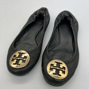 Tory Burch Black Leather Ballet Flats with Gold Logo Medallion